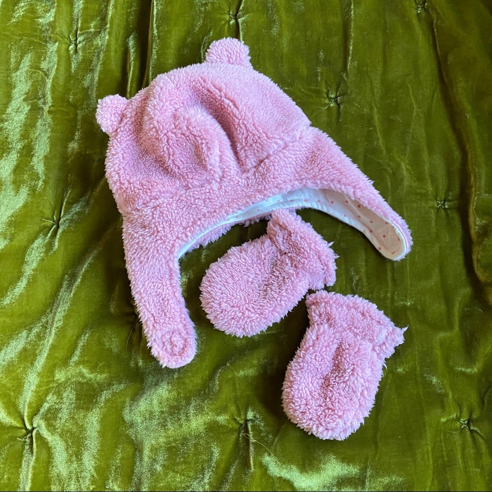 Pink Teddy Winter Hat & Mittens Set 0-9 Months